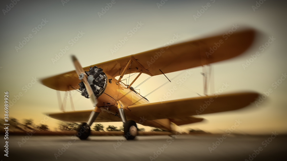 sports plane on a runway against a sunset - obrazy, fototapety, plakaty 