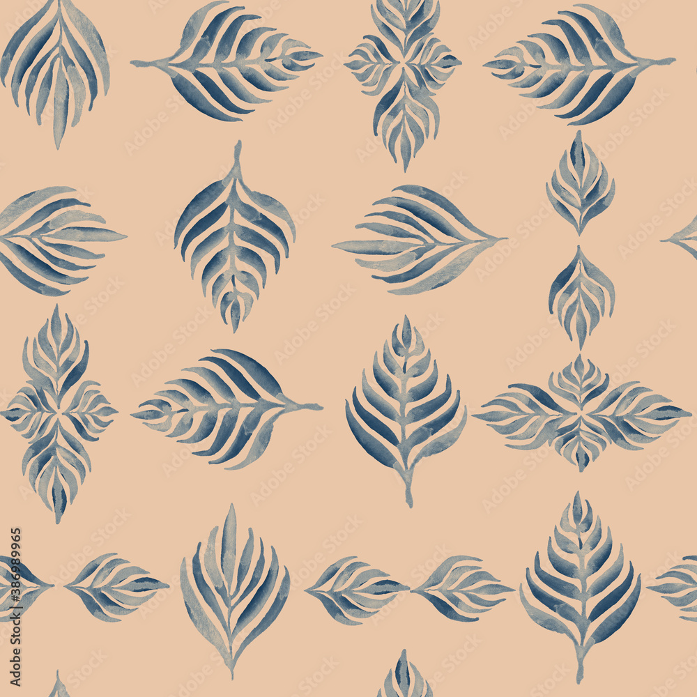 Watercolor geometric seamless pattern with blue leaves