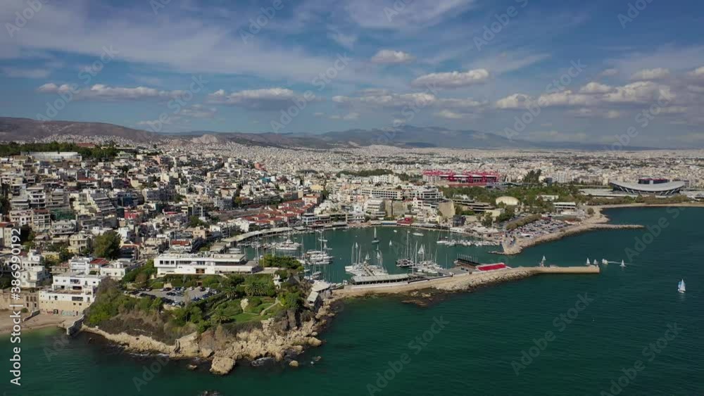 Aerial drone video of famous round port of Zea or Passalimani in the heart of Piraeus, Attica, Greece Aerial drone video of famous round port of Zea or Passalimani in the heart of Piraeus, Attica, Greece
