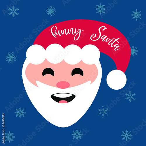 Christmas. Cute Santa Claus and text Merry Christmas ,Funy Santa, Ho-Ho-Ho Ho! Vector illustration on isolated blue background. Flat