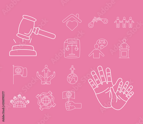 gavel judge and human rights line style set icons