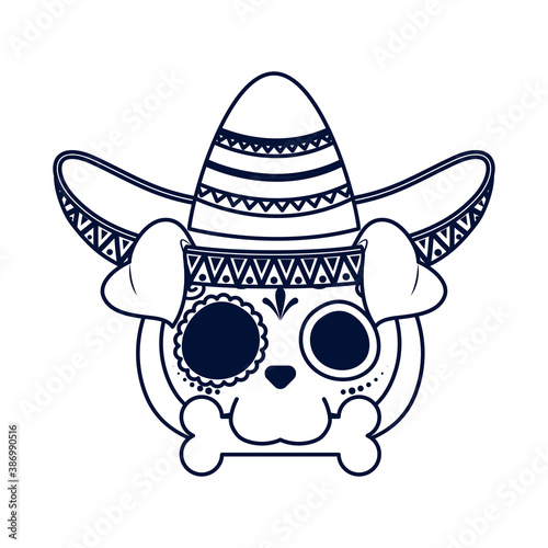 traditional mexican dog skull head with mariachi hat line style icon