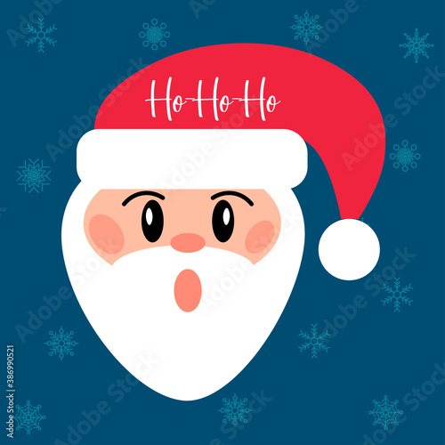 Christmas. Cute Santa Claus and text Merry Christmas ,Funy Santa, Ho-Ho-Ho Ho! Vector illustration on isolated blue background. Flat