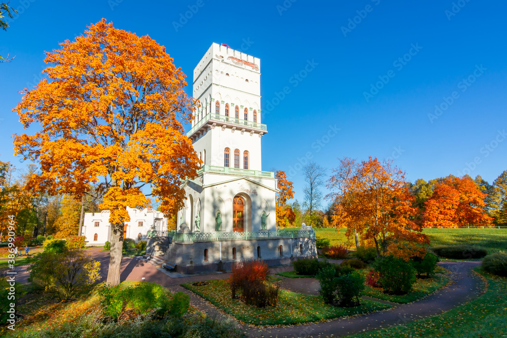 White tower in Alexander park in autumn, Pushkin (Tsarskoe Selo), Saint Petersburg, Russia
