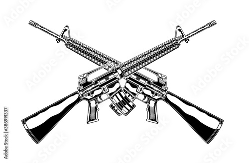 Monochrome detailed illustration of crossed m 16 assault rifle. Isolated vector template