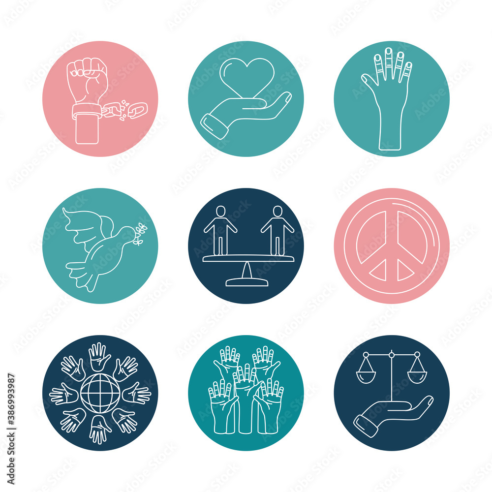 bundle of nine human rights line style set icons