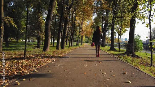 Wallpaper Mural Rear view A red-haired woman in red boots and a red bag walks along the alley in autumn on a sunny day. Torontodigital.ca