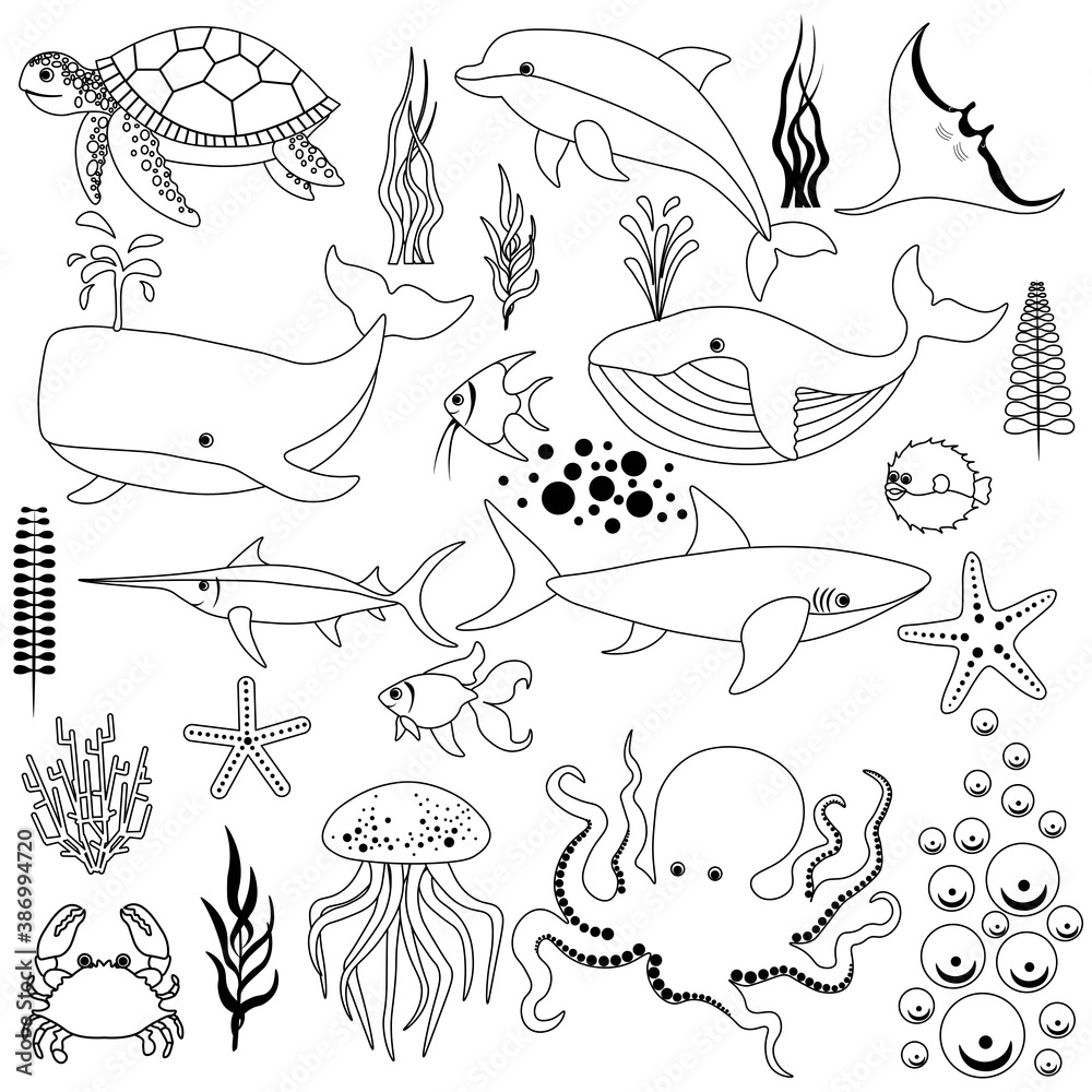 Cute set of marine fish and algae outline isolated on white background. Sea animals in a flat style. Cartoon wildlife for web pages.
Stock vector illustration for decor and design, textiles, books Cute set of marine fish and algae outline isolated on white background. Sea animals in a flat style. Cartoon wildlife for web pages.
Stock vector illustration for decor and design, textiles, books