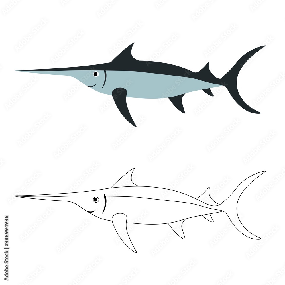 Naklejka premium Cute sea fish sword isolated on white background. Marine animals in outline and flat style. Cartoon wildlife for web pages. Stock vector illustration for decor and design, textiles, books, magazines