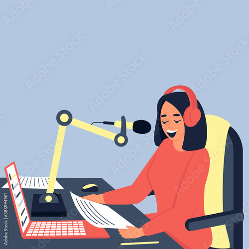 A female radio host is broadcasting in the studio. International Radio Day. Podcast is a modern format for presenting information. Flat vector illustration with place for text.