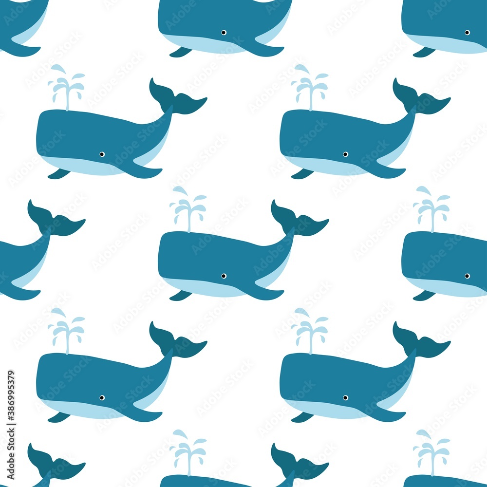 Cute seamless pattern with sperm whale on a white background. Marine