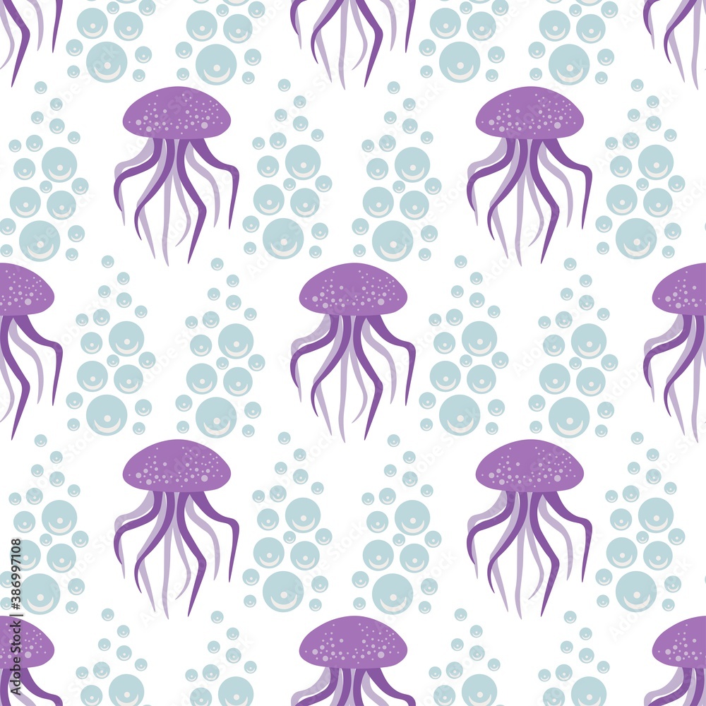Cute seamless pattern with jellyfish and sea splashes on a white background. Sea animals in a flat style. Cartoon wildlife for web pages.
Stock vector illustration for decor, design, textiles