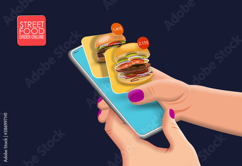 Mobile phone in hand and mobile interface for ordering food online in space