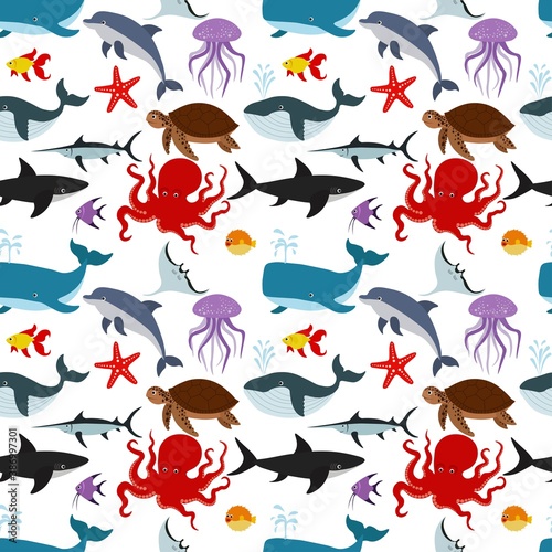 Wonderful seamless pattern with sea fish on a white background. Sea animals in a flat style. Cartoon wildlife for web pages.
Stock vector illustration for decor, design, textiles,
wallpaper