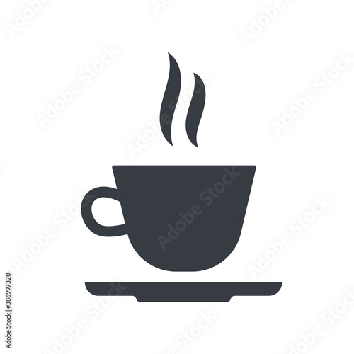 Black cup of hot coffee icon vector flat design illustration. Tea, hot drink and beverage symbol.