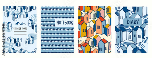 Set of cover page vector templates based on seamless patterns with abstract cityscapes and waves. Seaside town concept. Perfect for exercise books, notebooks, diaries, presentations