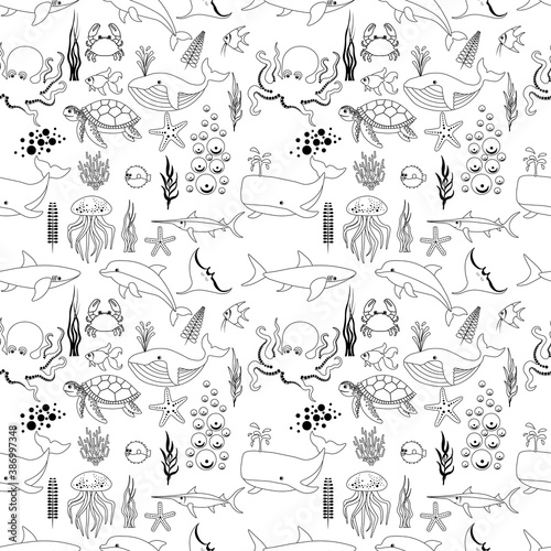 Wonderful seamless pattern with sea fish and seaweed in outline on a white background. Sea animals in a flat style. Cartoon wildlife for web pages. Stock vector illustration for decor, design, textile