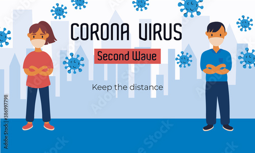 corona virus second wave poster with particles and couple wearing medical masks