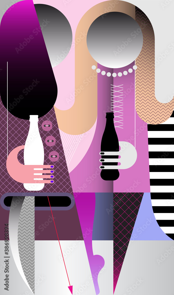 Fototapeta premium Two beautiful young women drink cola. Graphic illustration of modern art. Portrait of fashionable girls with cola bottles in their hands.