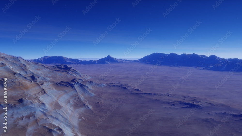 Fototapeta premium Sci-fi magical landscape with rock valey, star and sun. Digital painting illustration 3d render