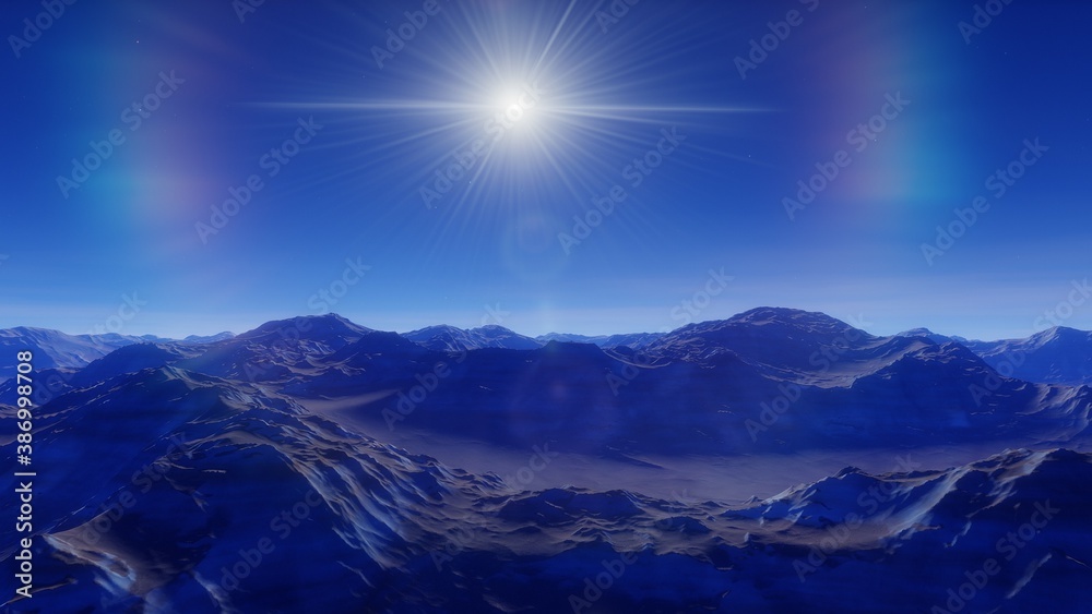 Sci-fi magical landscape with rock valey, star and sun. Digital painting illustration 3d render Sci-fi magical landscape with rock valey, star and sun. Digital painting illustration 3d render