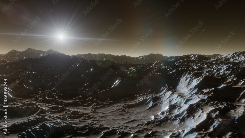 Sci-fi magical landscape with rock valey, star and sun. Digital painting illustration 3d render