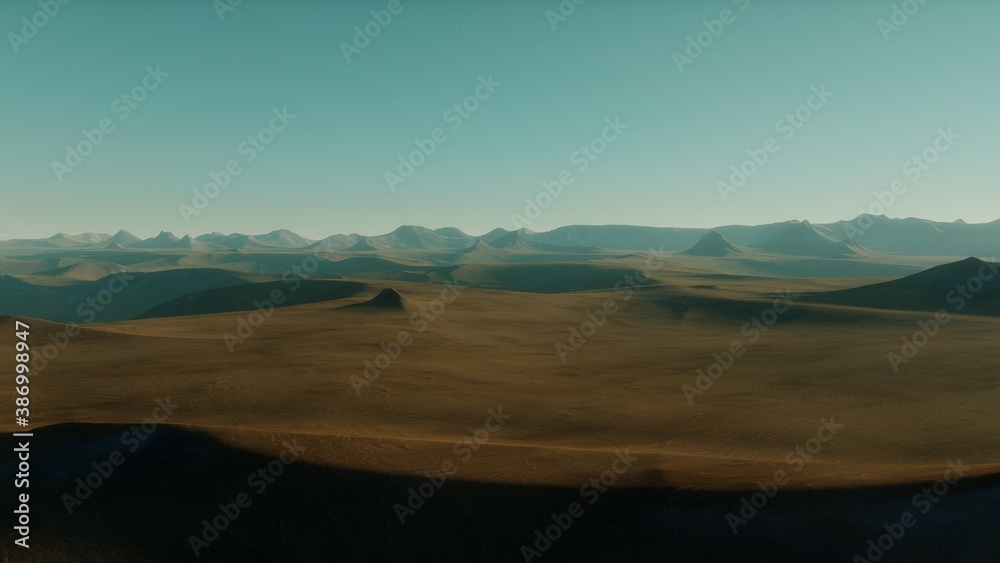 Sci-fi magical landscape with rock valey, star and sun. Digital painting illustration 3d render Sci-fi magical landscape with rock valey, star and sun. Digital painting illustration 3d render