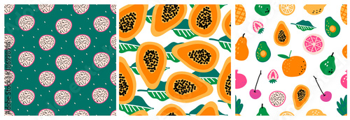 Set of three seamless repeat patterns with hand drawn fruits and berries. Modern textile, wrapping paper designs.