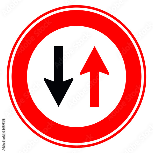 Traffic, road sign. give way to oncoming. give way sign