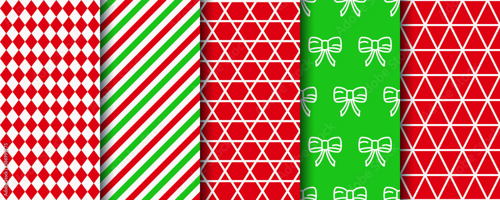 Christmas seamless patterns collection. Xmas texture swatches. Festive seamless background with new year, candycane stripes and geometric ornament. Holiday wrapping paper. Vector