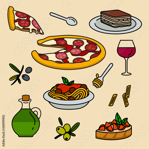 Italian food restaurant icon set, vector flat outline cartoon background - pizzeria, pizza, pepperoni, spaghetti, wine, bruschetta, tiramisu cake, olive oil