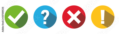 Check mark, cross and exclamation icons vector. Set colored flat buttons with long shadow. Tick, question and answers mark. Help symbol. FAQ sign isolated on white background. Vector illustration.