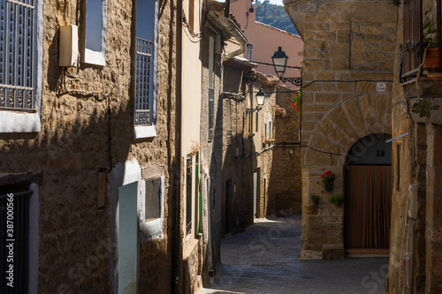 Picturesque streets with medieval buildings, in the small town of Ores, in the Cinco Villas region, Aragon, Spain.