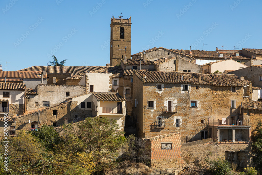 Picturesque streets and skyline with medieval buildings, in the small town of Ores, in the Cinco Villas region, Aragon, Spain.