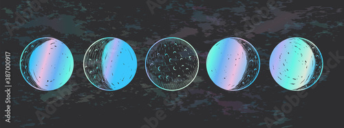 Vector illustration set of moon phases. New style, holographic background, trend shimmer. Different stages of moonlight activity in vintage engraving style.