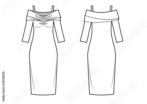 Midi fitted shoulderless dress. Sleek and sexy evening gown. Back and front.