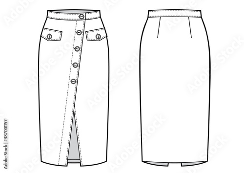 Fashion technical drawing of midi wrap skirt with buttons on front