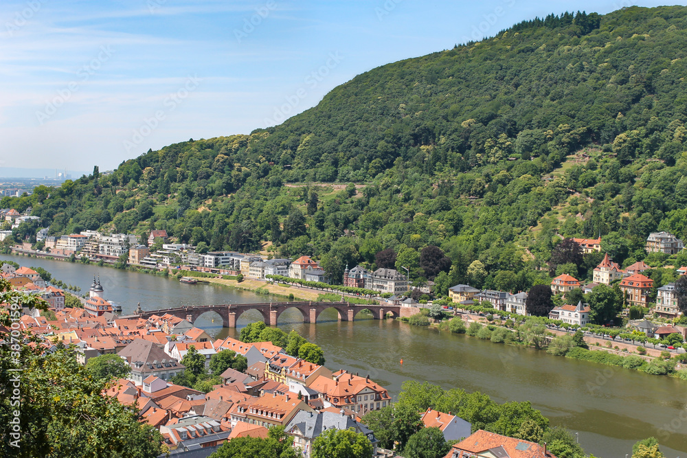 Heidelberg aerial view , Karl-Theodor Old Bridge on Neckar river and Old Bridge Gate.Germany.
