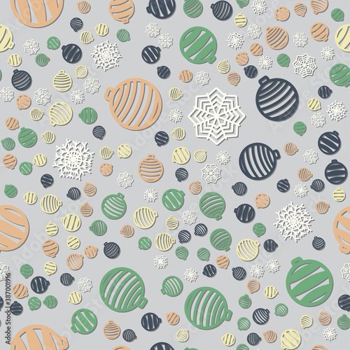 multicolored seamless pattern with Christmas balls and snowflakes. Vector illustration on a silver background