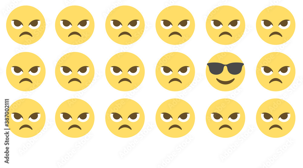 angry faces and one smiling face with sunglasses,emoji pattern on white background,concept vector illustration angry faces and one smiling face with sunglasses,emoji pattern on white background,concept vector illustration