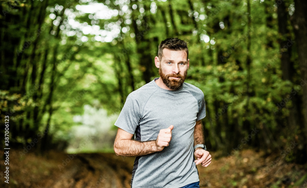 handsome trail runner running in nature handsome trail runner running in nature