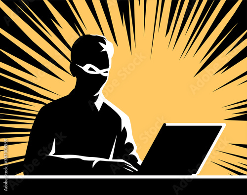 Male hacker at a laptop. Dark silhouette with an ominous face. Vector illustration.