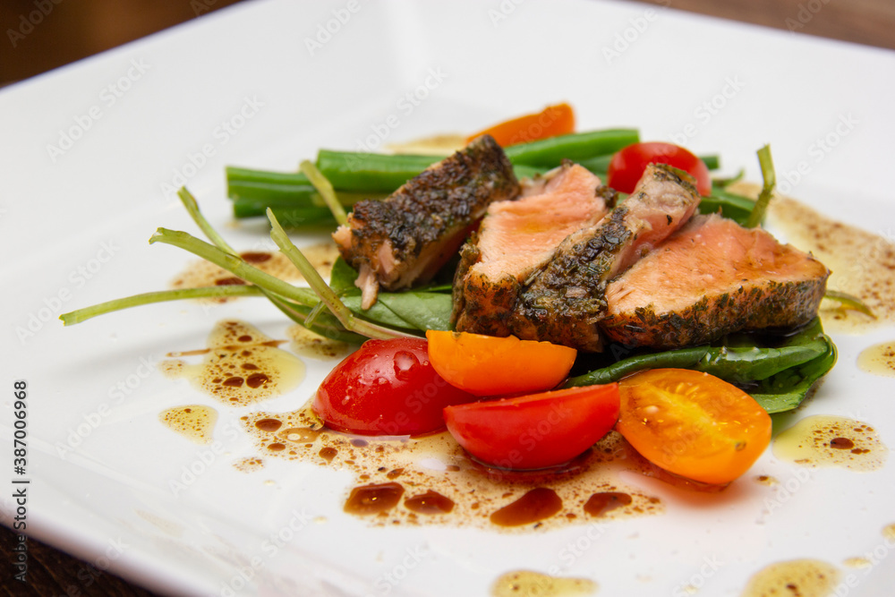 Salad Nicoise, prepared with Salmon in Herbs Croute