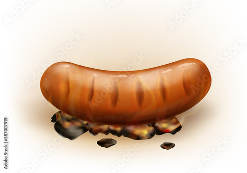 Vector realistic hot juicy grilled sausage roasted on coals, isolated on white background. Pork or beef bratwurst cooked on smoldering charcoal. Picnic barbeque meal, street fast food. Traditional bbq