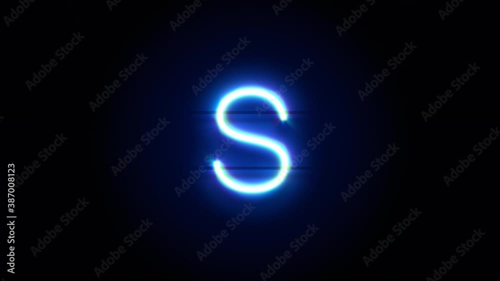 Neon font letter S lowercase appear in center and disappear after some time. Animated blue neon alphabet symbol on black background. Looped animation. Neon font letter S lowercase appear in center and disappear after some time. Animated blue neon alphabet symbol on black background. Looped animation.