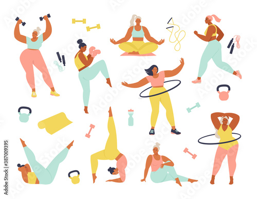 Women different sizes  ages and races activities. Set of women doing sports  yoga  jogging  jumping  stretching  fitness. Sport women vector flat illustration isolated on white background.