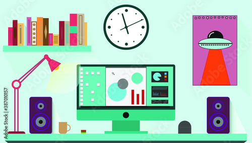 Vector image of the workroom with computer, books, poster, speakers and luminous