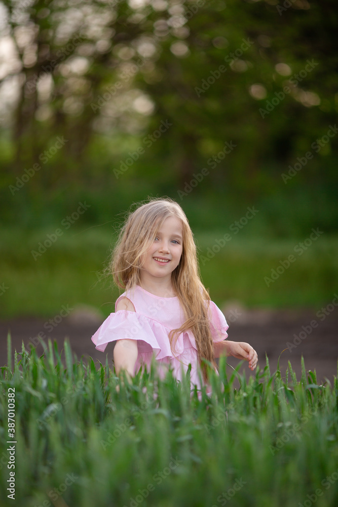 Little cute blonde girl on the field in the summer