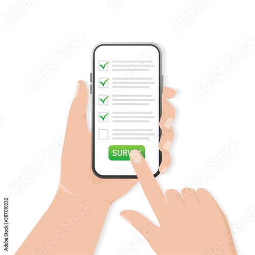 Checklist on smartphone screen. Online survey concept. Hand holds mobile phone and check list with checkboxes and checkmark. Icon for mobile app design. Vector illustration.
