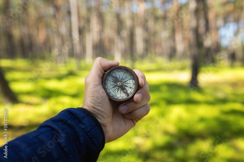 Male hand holds a magnetic compass in the coniferous summer forest. Blurry background.